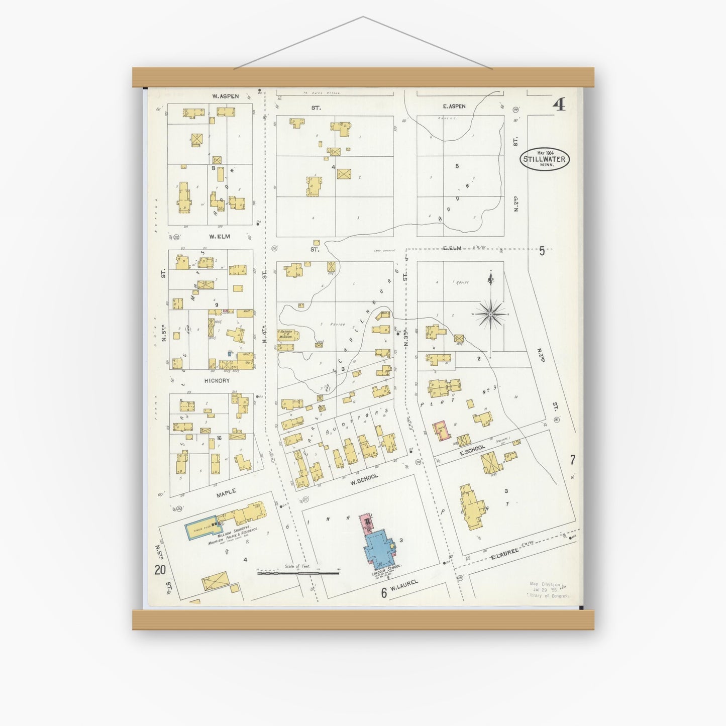 Old map wall art mockup — magnetic wood frame on white wall — Sanborn Fire Insurance Map from Stillwater, Washington County, Minnesota (1904), Sheet #0004
