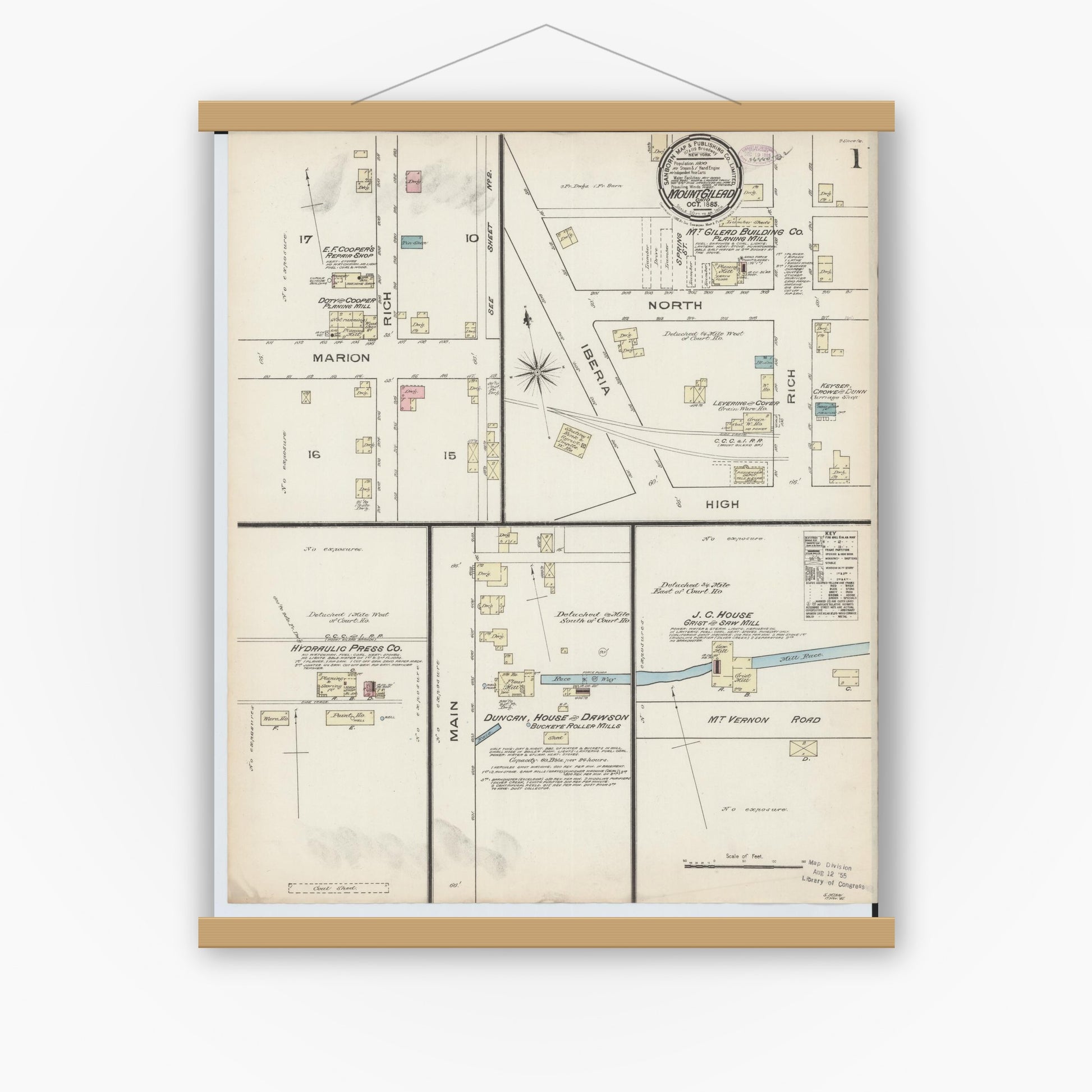 Old map wall art mockup — magnetic wood frame on white wall — Sanborn Fire Insurance Map from Mount Gilead, Morrow County, Ohio (1885) - Complete Map Set