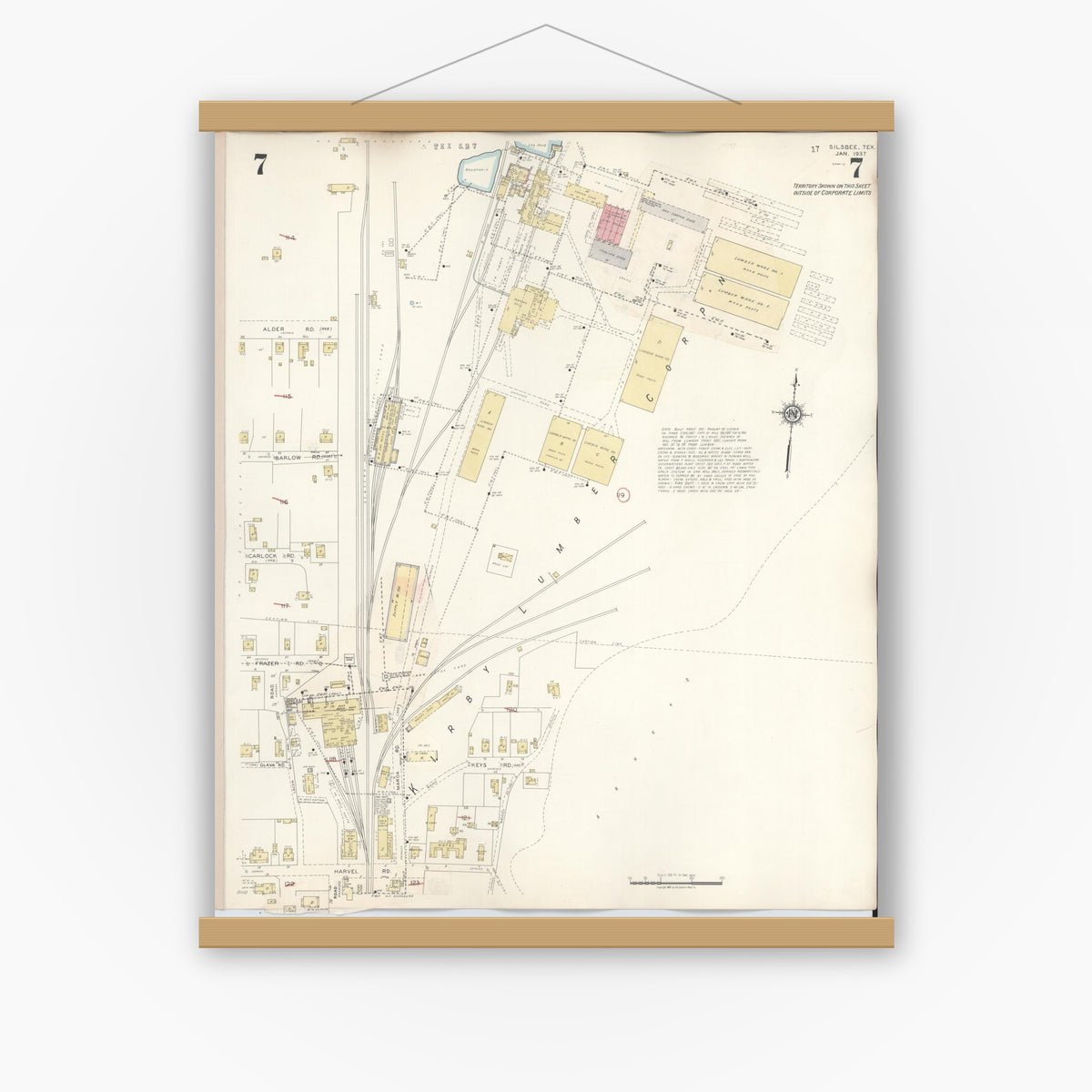 Old map wall art mockup — magnetic wood frame on white wall — Sanborn Fire Insurance Map from Silsbee, Hardin County, Texas (1942), Sheet #0007