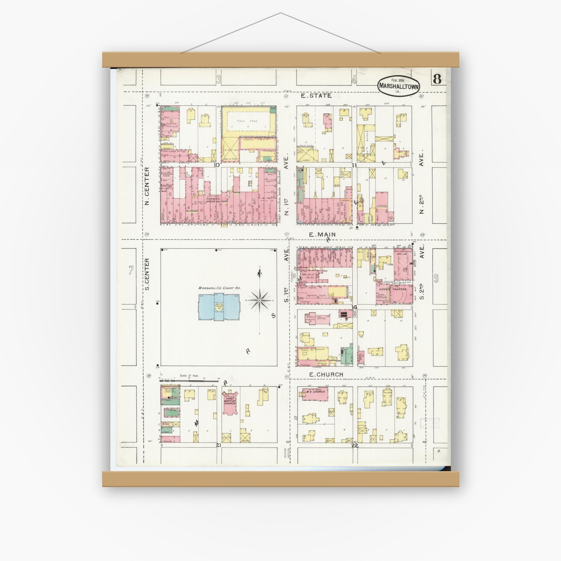 Old map wall art mockup — magnetic wood frame on white wall — Sanborn Fire Insurance Map from Marshalltown, Marshall County, Iowa (1894), Sheet #0008