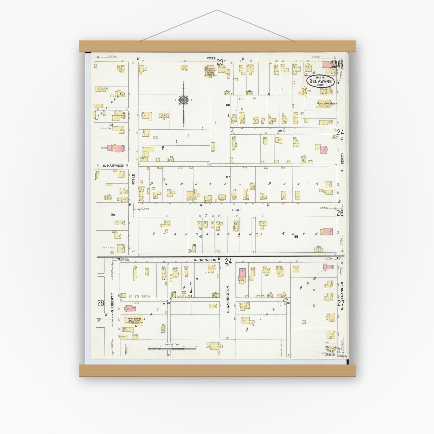 Old map wall art mockup — magnetic wood frame on white wall — Sanborn Fire Insurance Map from Delaware, Delaware County, Ohio (1911), Sheet #0026