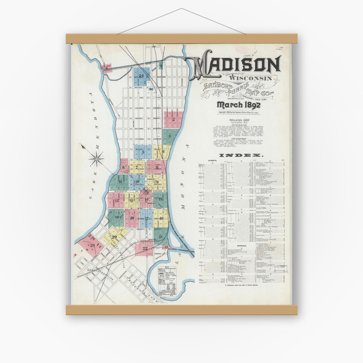 Old map wall art mockup — magnetic wood frame on white wall — Sanborn Fire Insurance Map from Madison, Dane County, Wisconsin (1892) - Complete Map Set