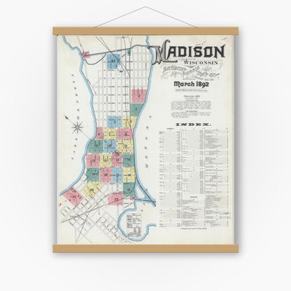 Old map wall art mockup — magnetic wood frame on white wall — Sanborn Fire Insurance Map from Madison, Dane County, Wisconsin (1892) - Complete Map Set