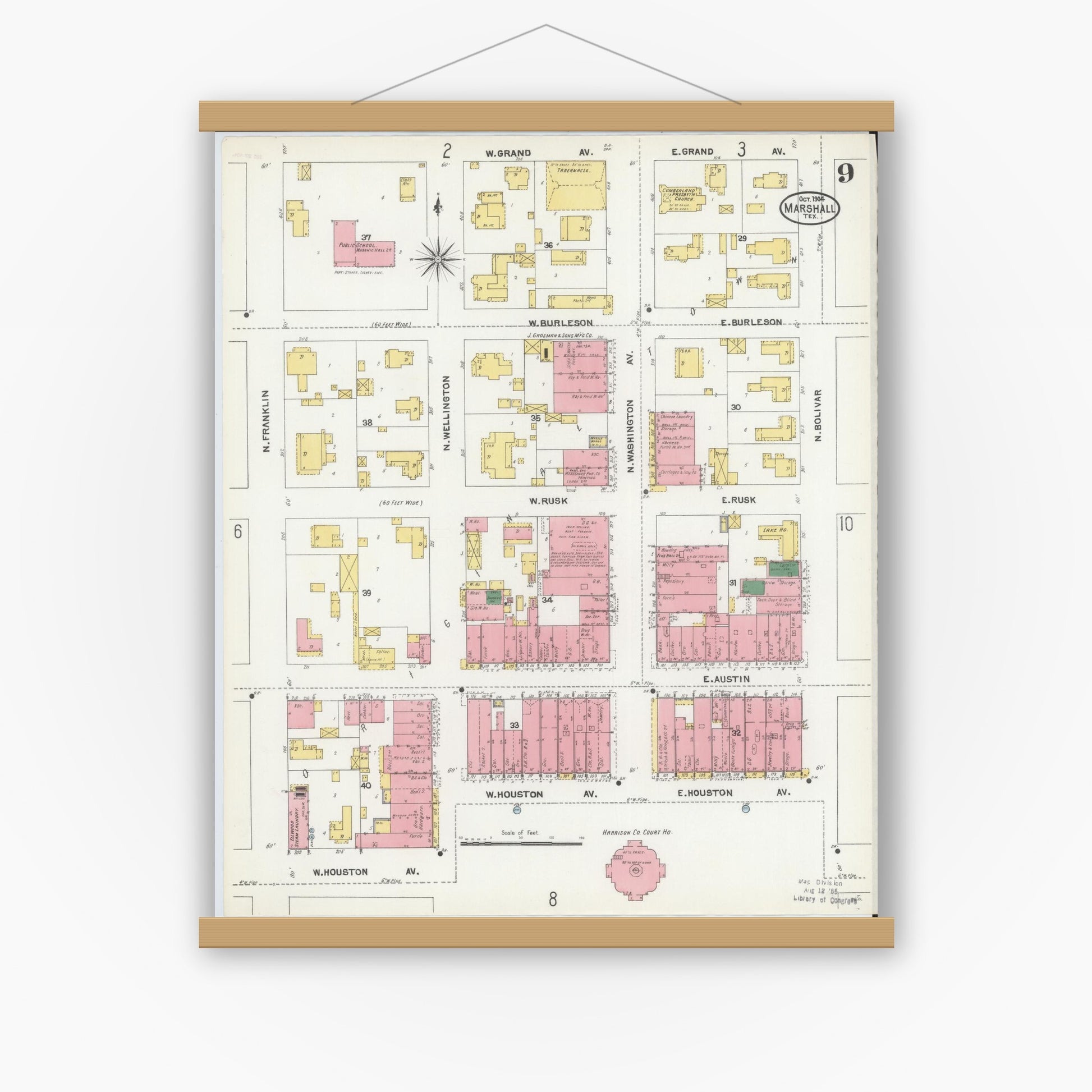 Old map wall art mockup — magnetic wood frame on white wall — Sanborn Fire Insurance Map from Marshall, Harrison County, Texas (1904), Sheet #0009