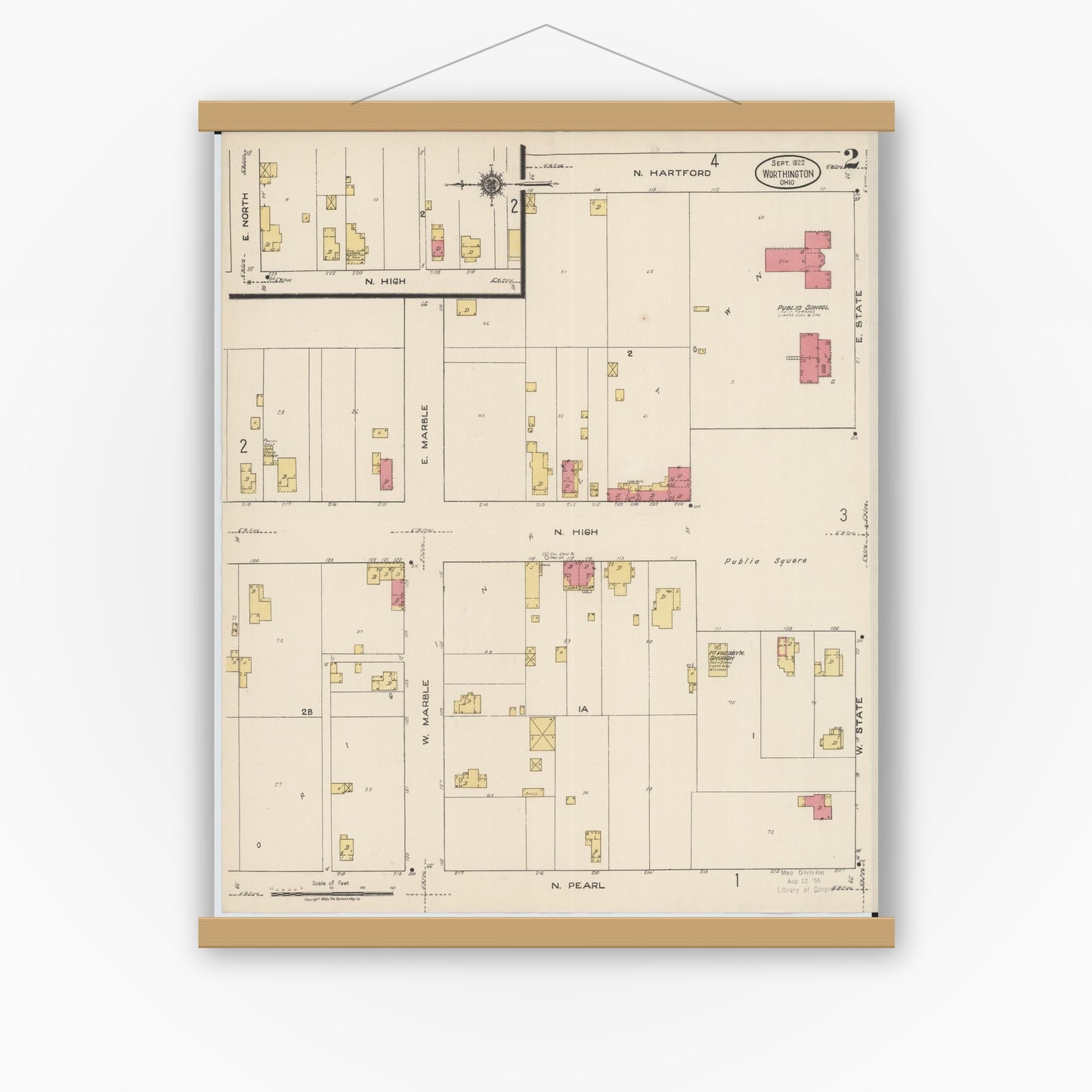 Old map wall art mockup — magnetic wood frame on white wall — Sanborn Fire Insurance Map from Worthington, Franklin County, Ohio (1922), Sheet #0002