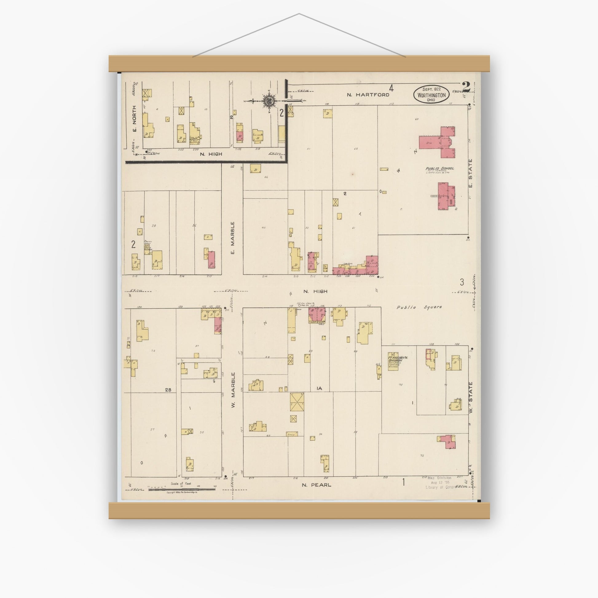 Old map wall art mockup — magnetic wood frame on white wall — Sanborn Fire Insurance Map from Worthington, Franklin County, Ohio (1922), Sheet #0002