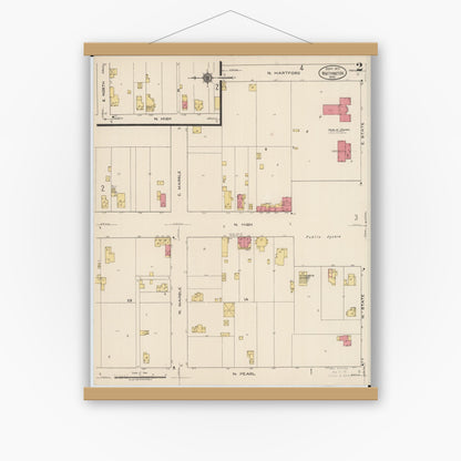 Old map wall art mockup — magnetic wood frame on white wall — Sanborn Fire Insurance Map from Worthington, Franklin County, Ohio (1922), Sheet #0002