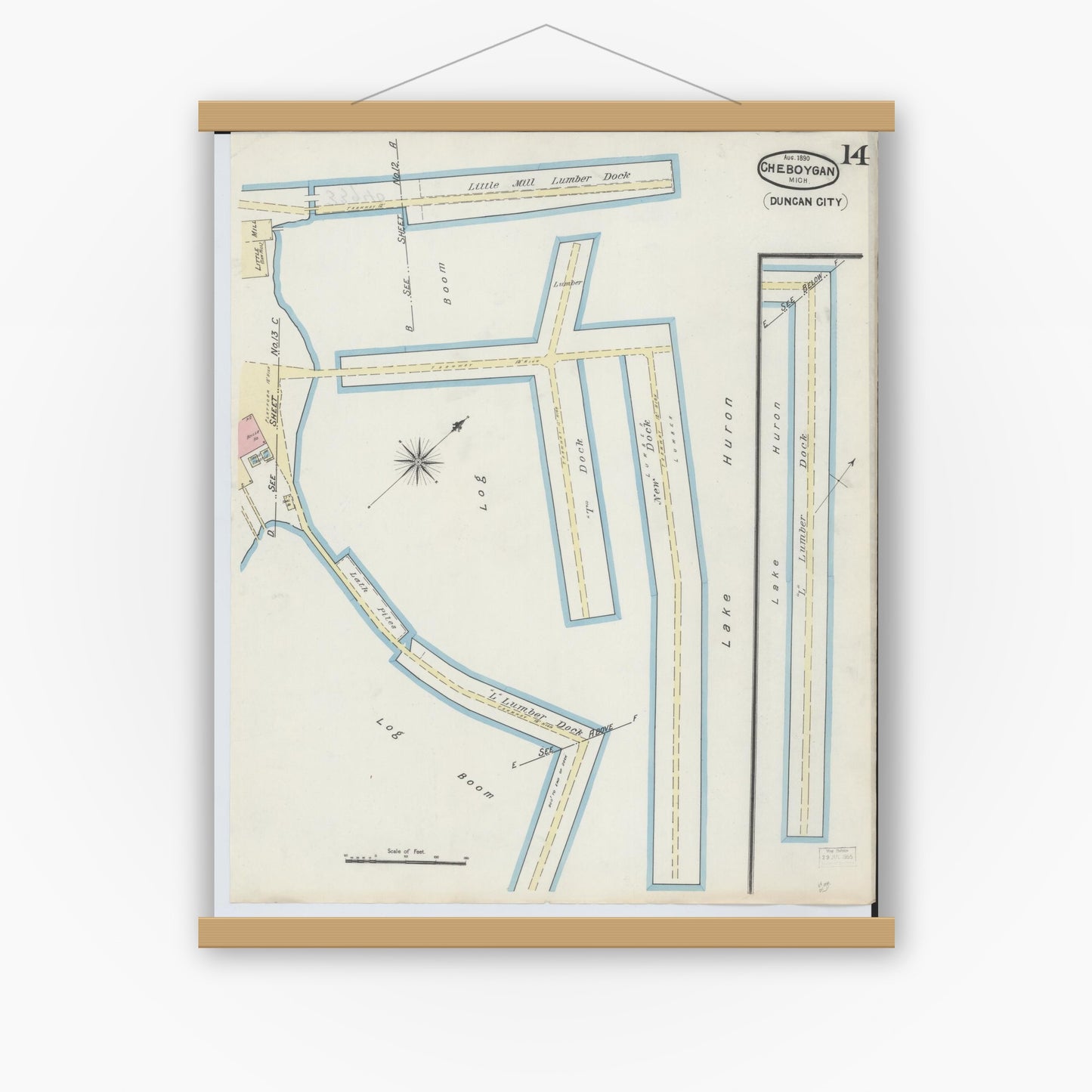 Old map wall art mockup — magnetic wood frame on white wall — Sanborn Fire Insurance Map from Cheboygan, Cheboygan County, Michigan (1890), Sheet #0014