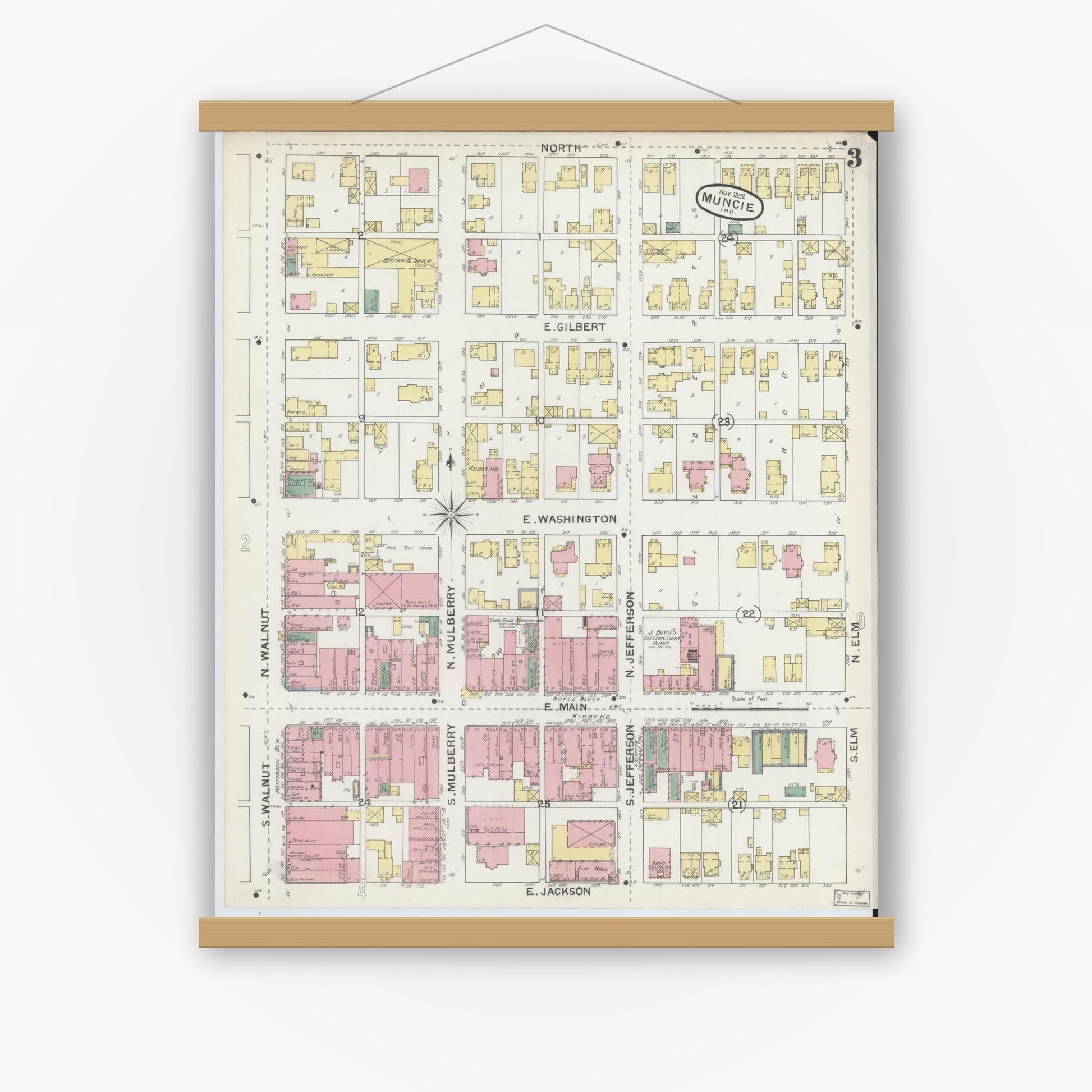 Old map wall art mockup — magnetic wood frame on white wall — Sanborn Fire Insurance Map from Muncie, Delaware County, Indiana (1892), Sheet #0003
