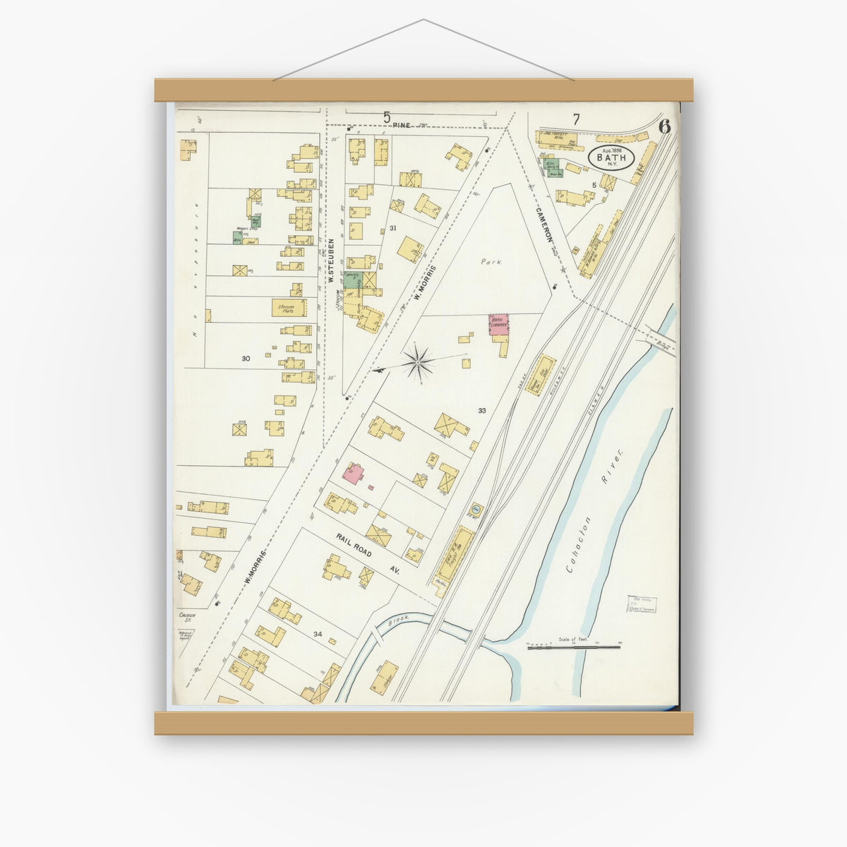 Old map wall art mockup — magnetic wood frame on white wall — Sanborn Fire Insurance Map from Bath, Steuben County, New York (1898), Sheet #0006