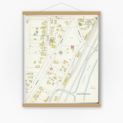 Old map wall art mockup — magnetic wood frame on white wall — Sanborn Fire Insurance Map from Bath, Steuben County, New York (1898), Sheet #0006