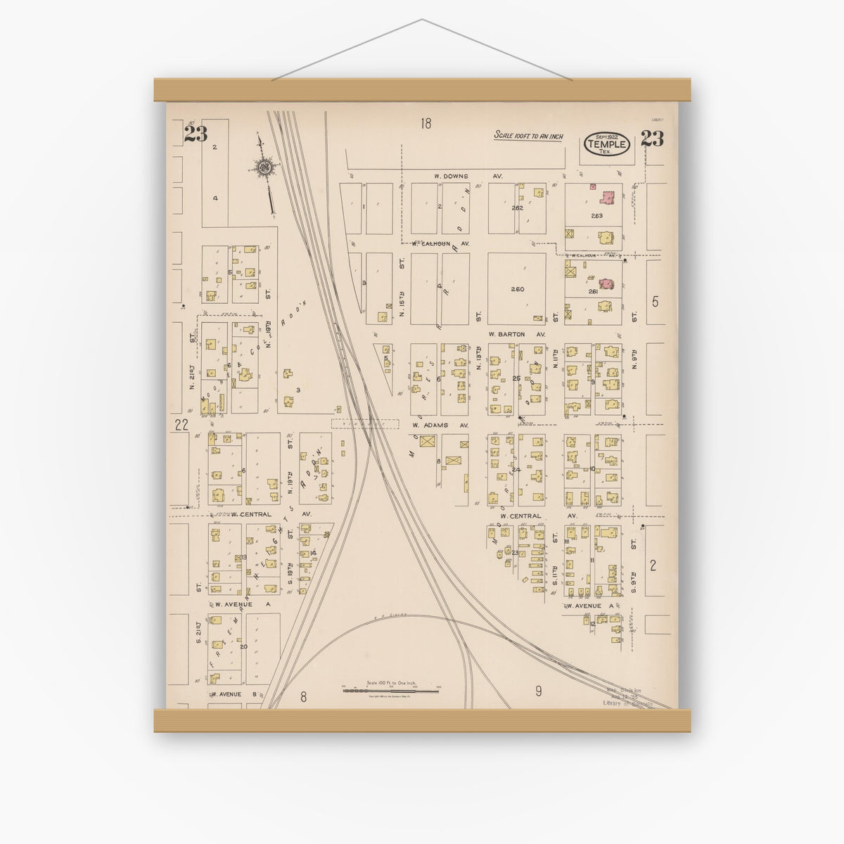 Old map wall art mockup — magnetic wood frame on white wall — Sanborn Fire Insurance Map from Temple, Bell County, Texas (1922), Sheet #0023