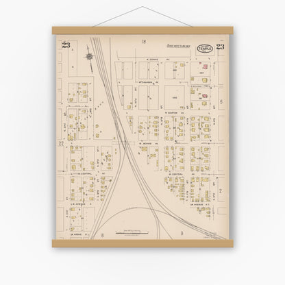 Old map wall art mockup — magnetic wood frame on white wall — Sanborn Fire Insurance Map from Temple, Bell County, Texas (1922), Sheet #0023
