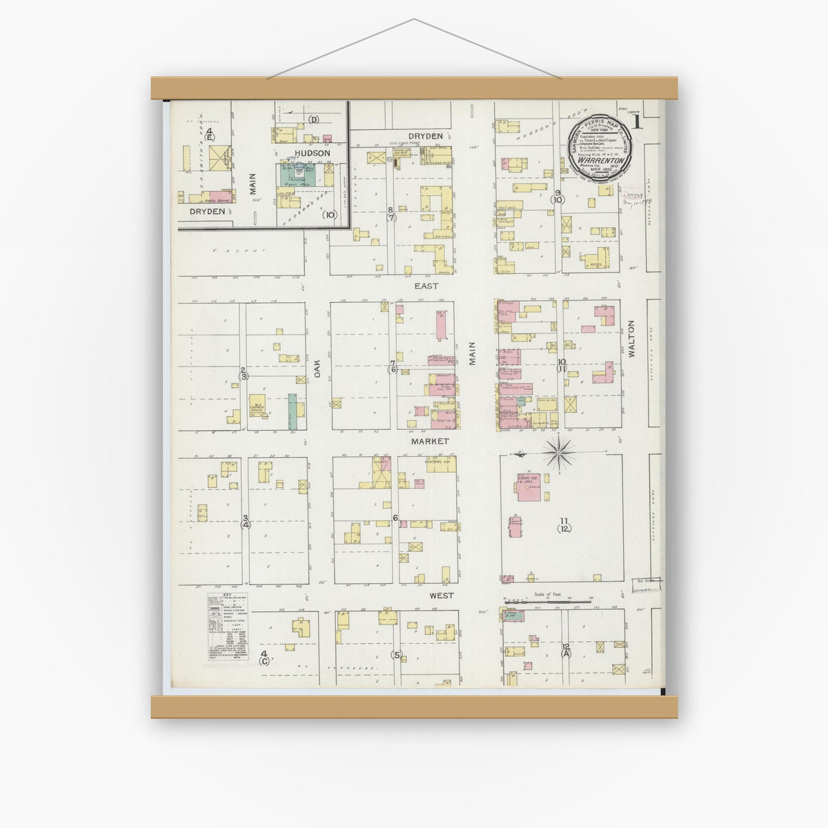 Old map wall art mockup — magnetic wood frame on white wall — Sanborn Fire Insurance Map from Warrenton, Warren County, Missouri (1893) - Complete Map Set