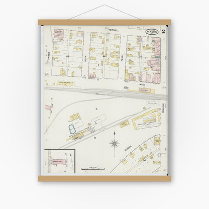 Old map wall art mockup — magnetic wood frame on white wall — Sanborn Fire Insurance Map from Macon, Macon County, Missouri (1890), Sheet #0002