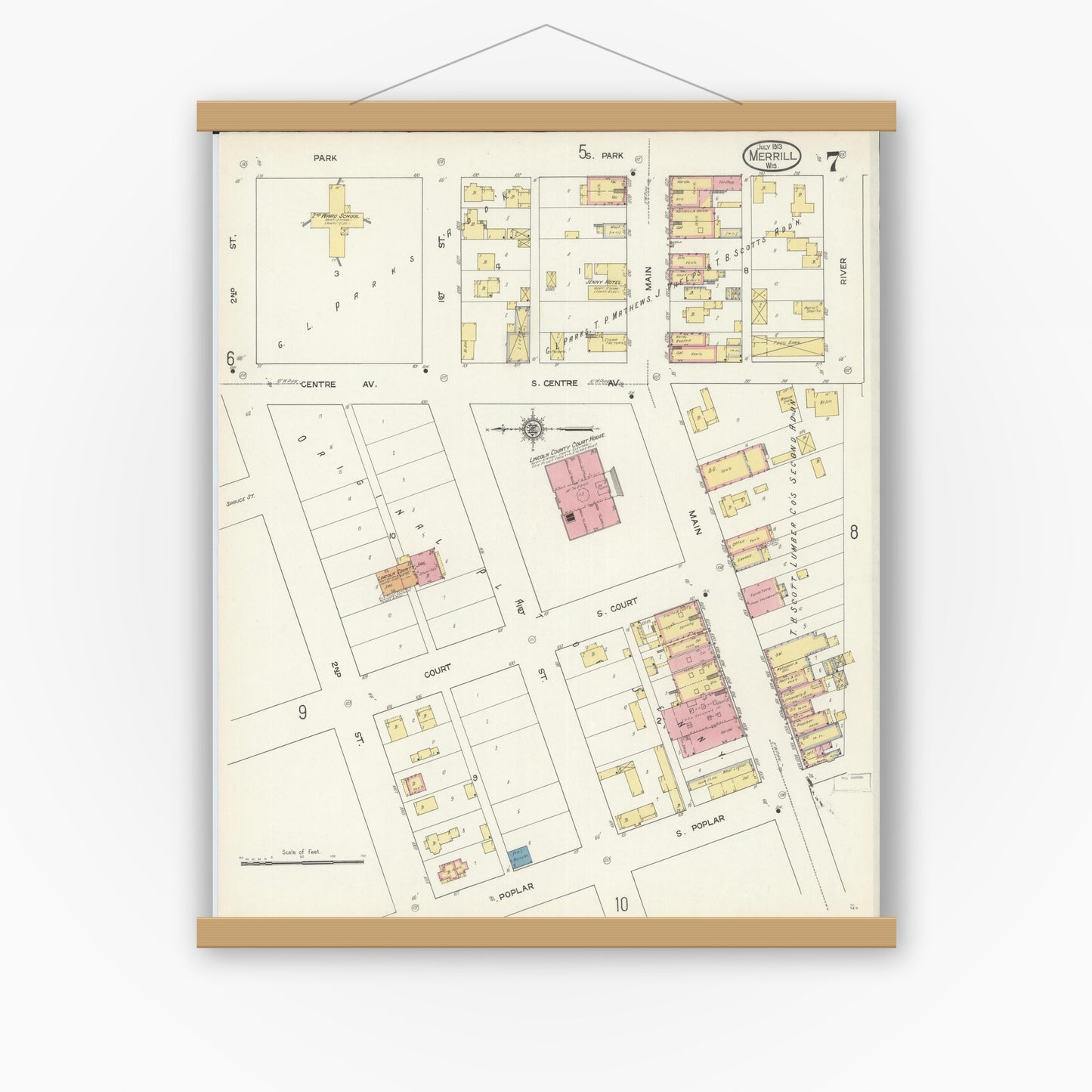 Old map wall art mockup — magnetic wood frame on white wall — Sanborn Fire Insurance Map from Merrill, Lincoln County, Wisconsin (1913), Sheet #0007