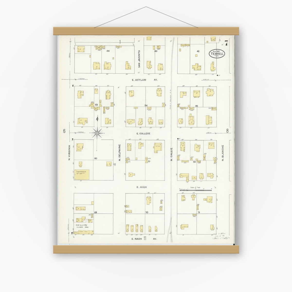 Old map wall art mockup — magnetic wood frame on white wall — Sanborn Fire Insurance Map from Terrell, Kaufman County, Texas (1909), Sheet #0007