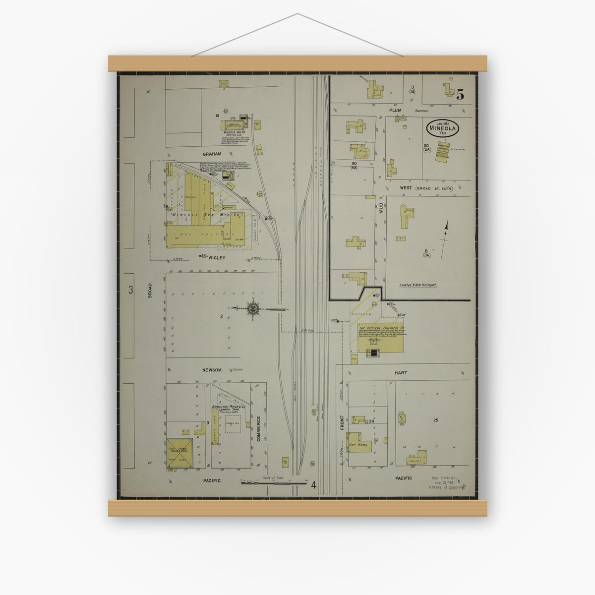 Old map wall art mockup — magnetic wood frame on white wall — Sanborn Fire Insurance Map from Mineola, Wood County, Texas (1912), Sheet #0005