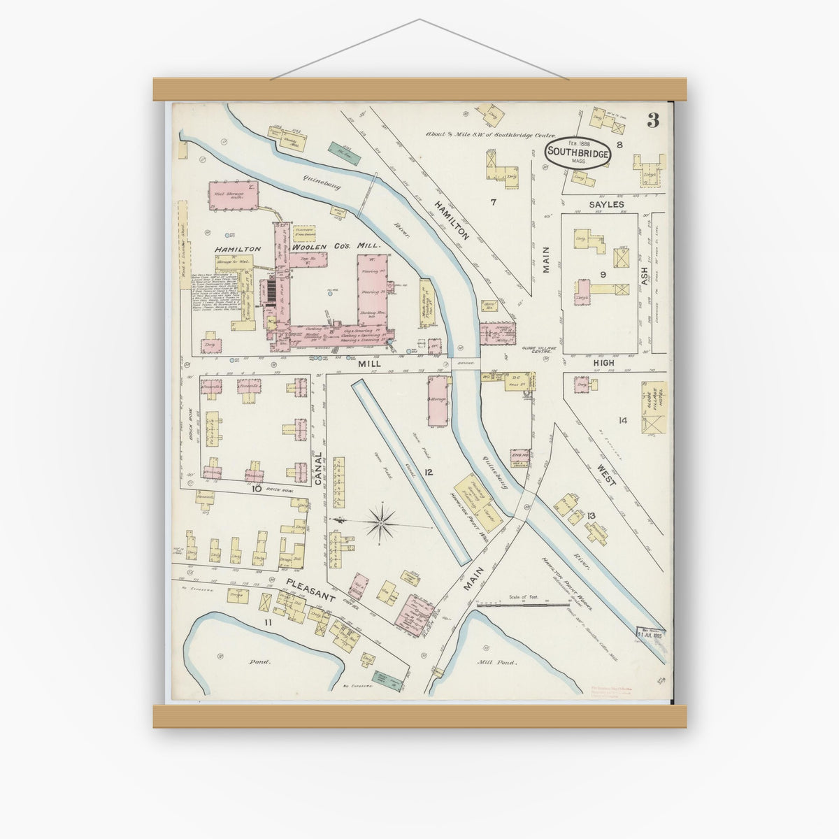 Old map wall art mockup — magnetic wood frame on white wall — Sanborn Fire Insurance Map from Southbridge, Worcester County, Massachusetts (1888), Sheet #0003
