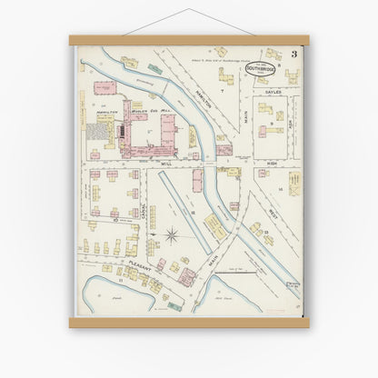 Old map wall art mockup — magnetic wood frame on white wall — Sanborn Fire Insurance Map from Southbridge, Worcester County, Massachusetts (1888), Sheet #0003