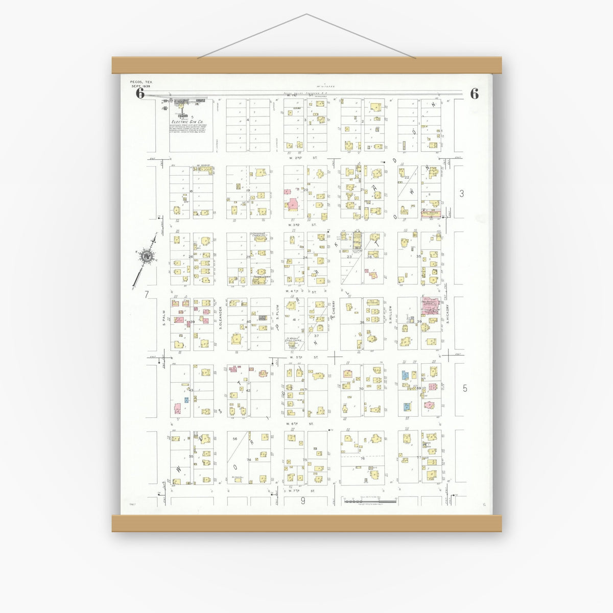 Old map wall art mockup — magnetic wood frame on white wall — Sanborn Fire Insurance Map from Pecos, Reeves County, Texas (1939), Sheet #0006