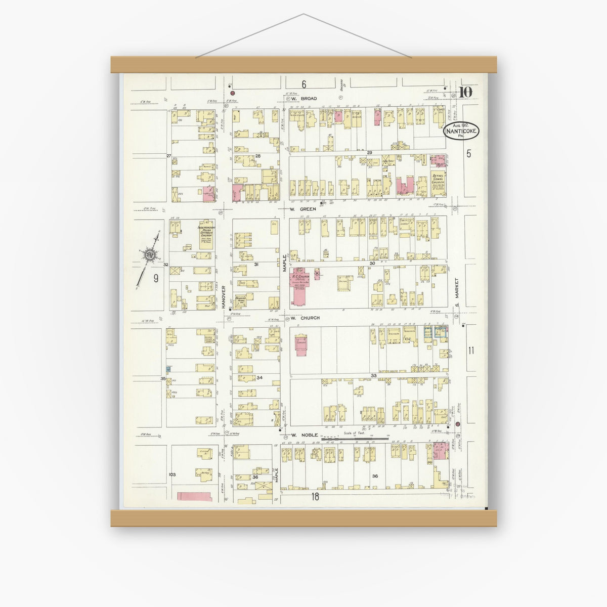 Old map wall art mockup — magnetic wood frame on white wall — Sanborn Fire Insurance Map from Nanticoke, Luzerne County, Pennsylvania (1912), Sheet #0010