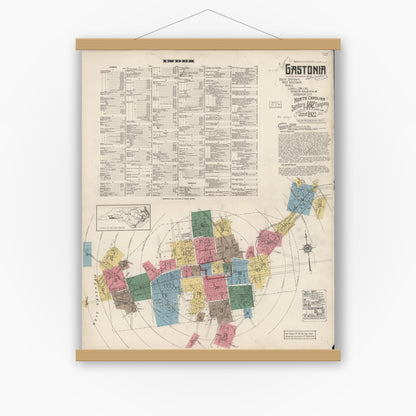 Old map wall art mockup — magnetic wood frame on white wall — Sanborn Fire Insurance Map from Gastonia, Gaston County, North Carolina (1922) - Complete Map Set
