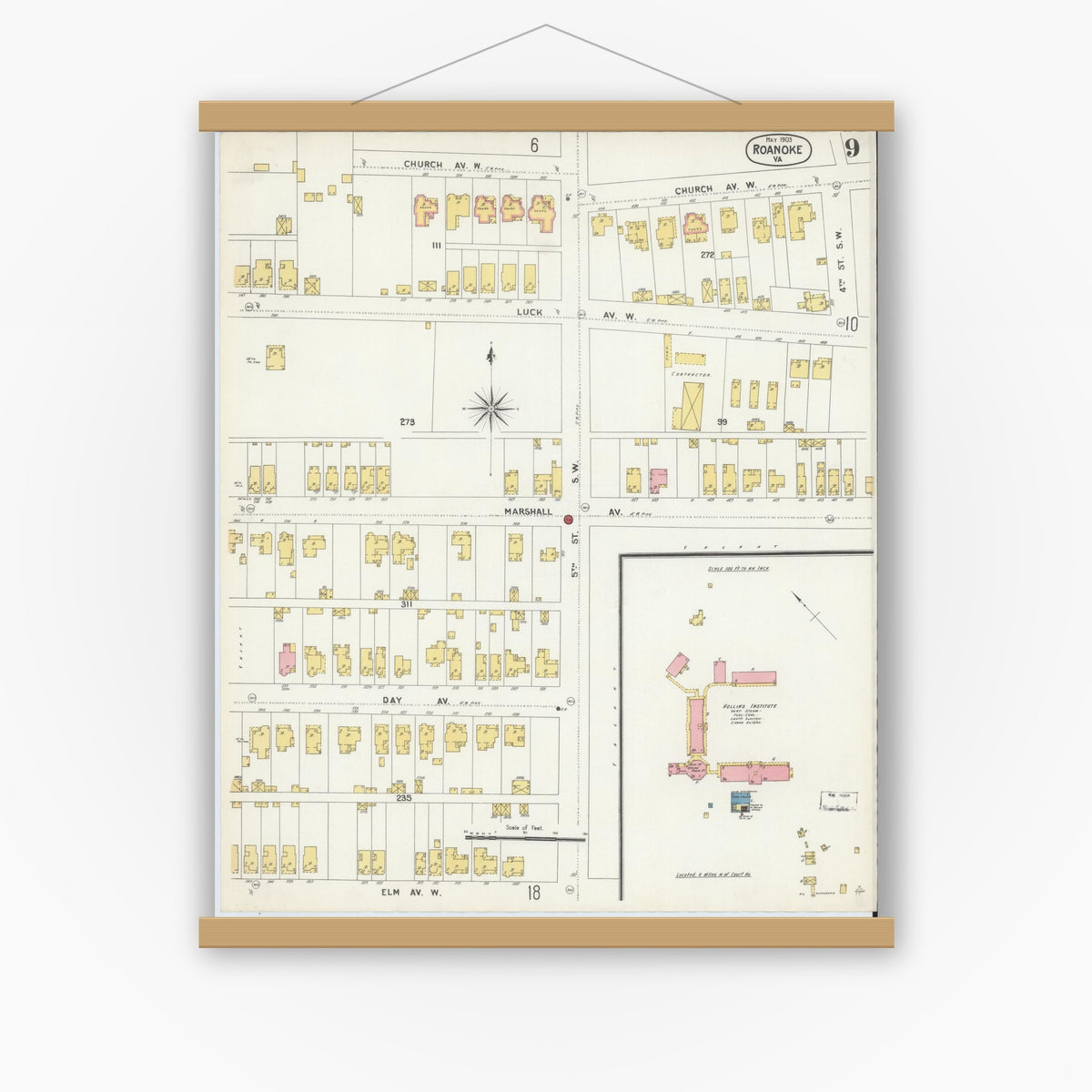 Old map wall art mockup — magnetic wood frame on white wall — Sanborn Fire Insurance Map from Roanoke, Independent Cities, Virginia (1903), Sheet #0009