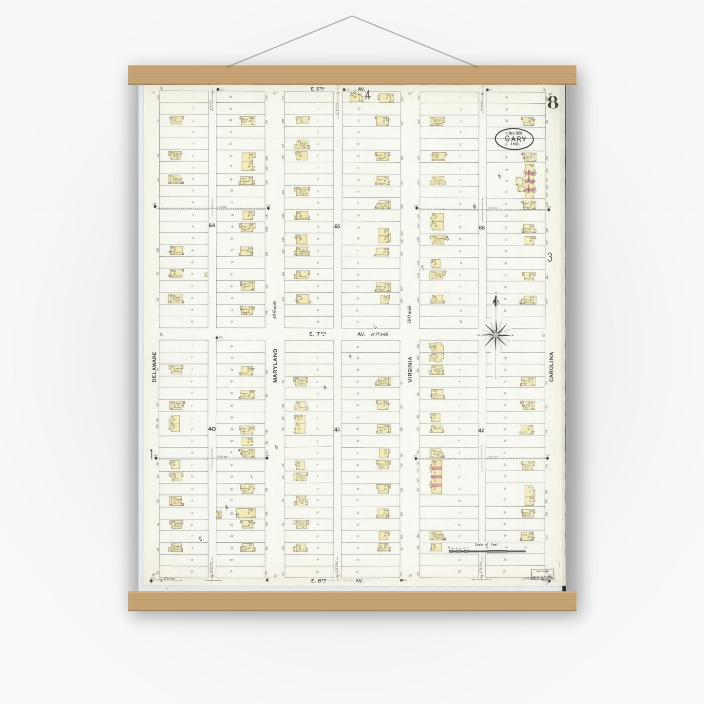 Old map wall art mockup — magnetic wood frame on white wall — Sanborn Fire Insurance Map from Gary, Lake County, Indiana (1908), Sheet #0008