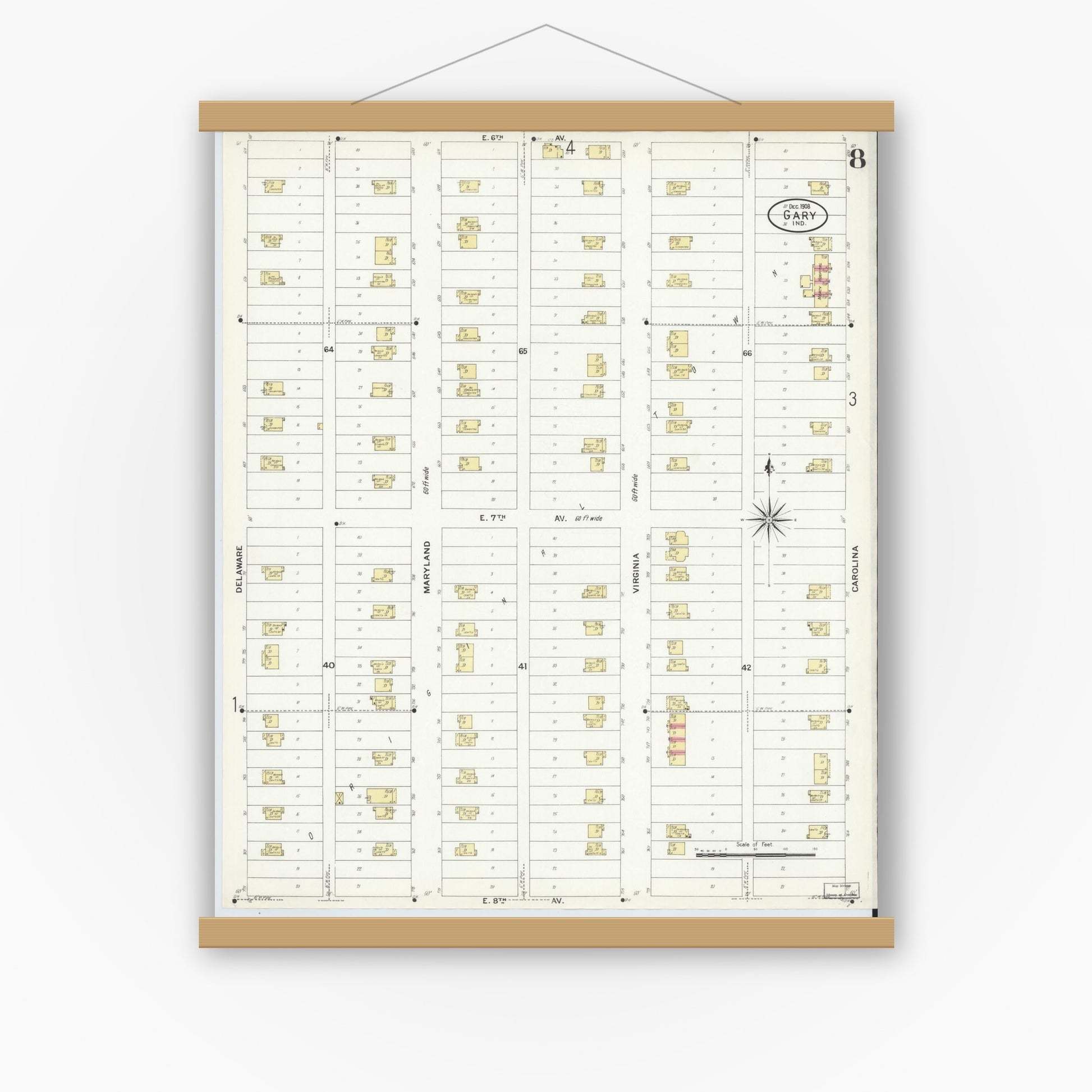 Old map wall art mockup — magnetic wood frame on white wall — Sanborn Fire Insurance Map from Gary, Lake County, Indiana (1908), Sheet #0008