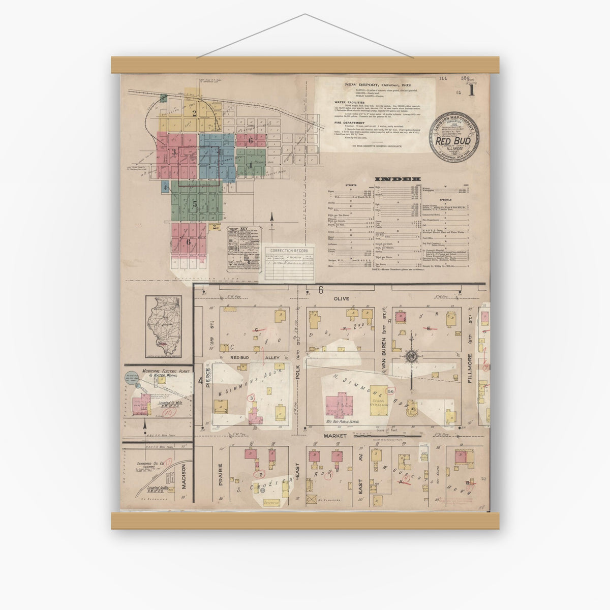 Old map wall art mockup — magnetic wood frame on white wall — Sanborn Fire Insurance Map from Red Bud, Randolph County, Illinois (1932), Sheet #0001