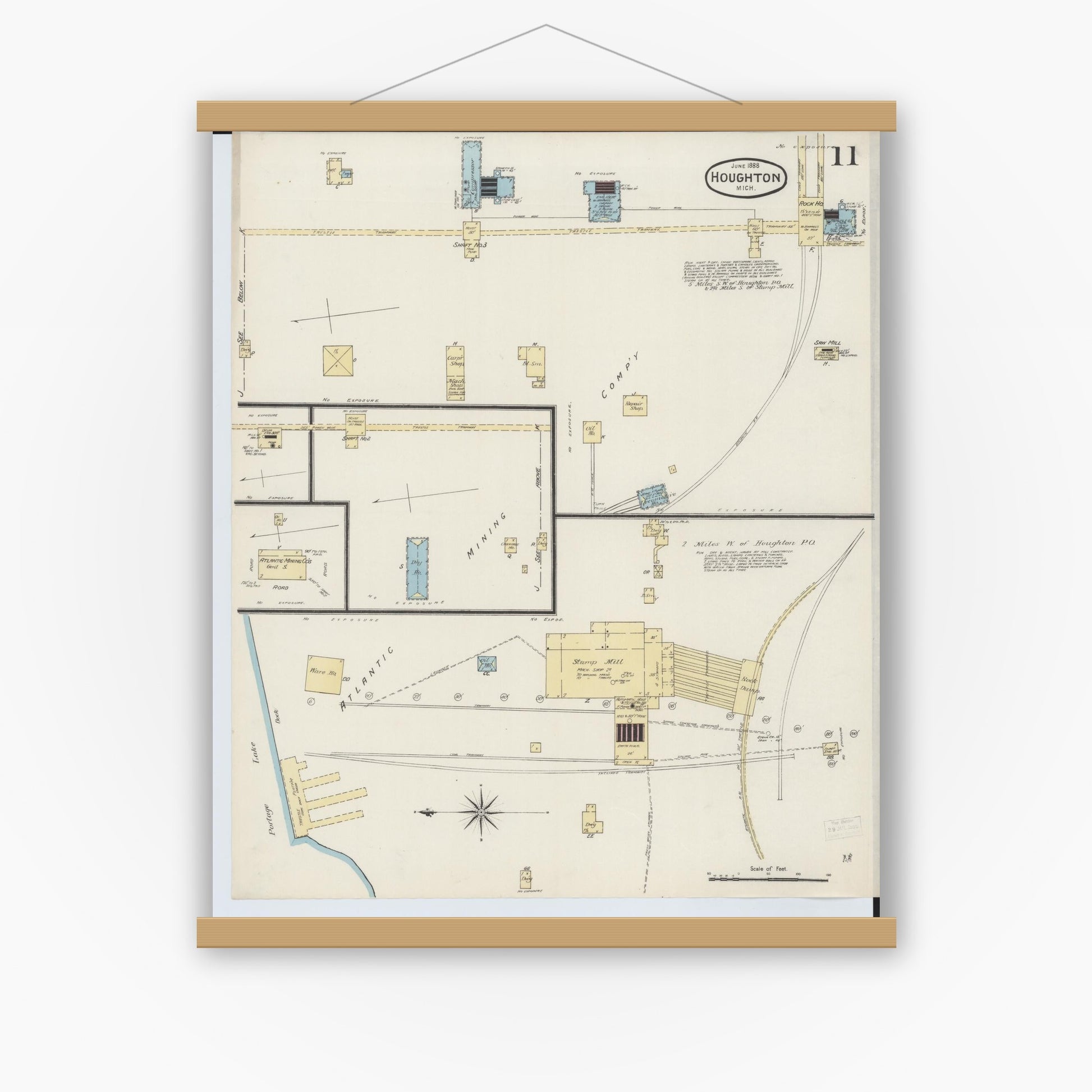Old map wall art mockup — magnetic wood frame on white wall — Sanborn Fire Insurance Map from Houghton, Houghton County, Michigan (1888), Sheet #0011