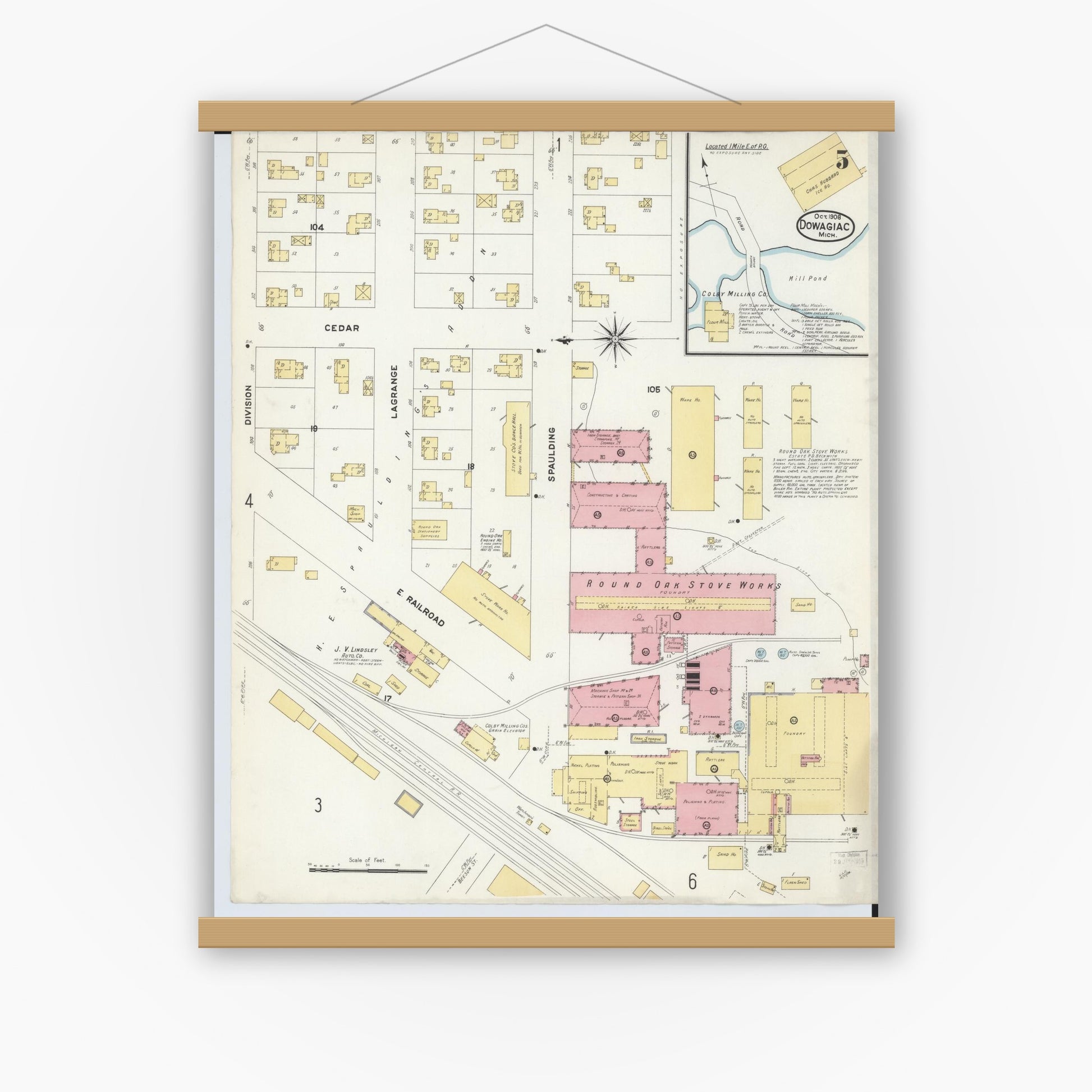 Old map wall art mockup — magnetic wood frame on white wall — Sanborn Fire Insurance Map from Dowagiac, Cass County, Michigan (1908), Sheet #0005