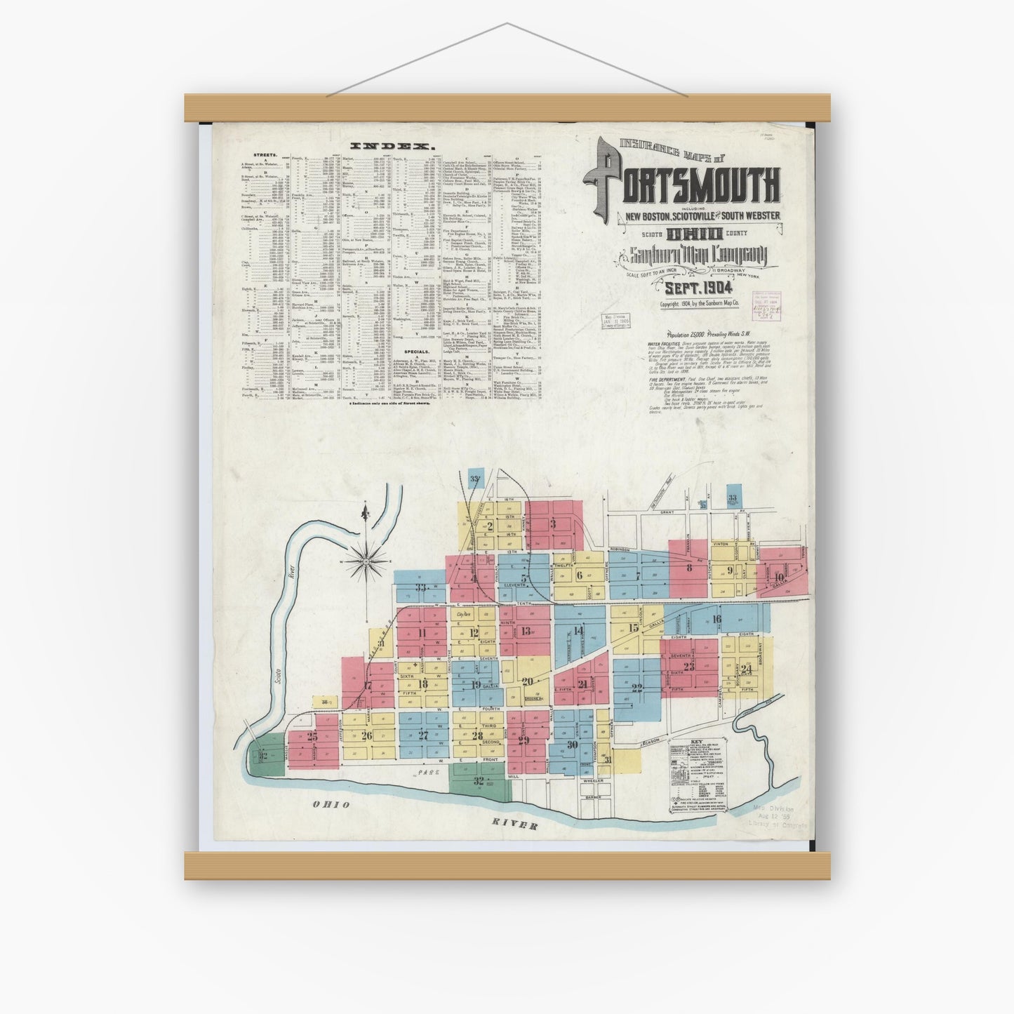 Old map wall art mockup — magnetic wood frame on white wall — Sanborn Fire Insurance Map from Portsmouth, Scioto County, Ohio (1904) - Complete Map Set