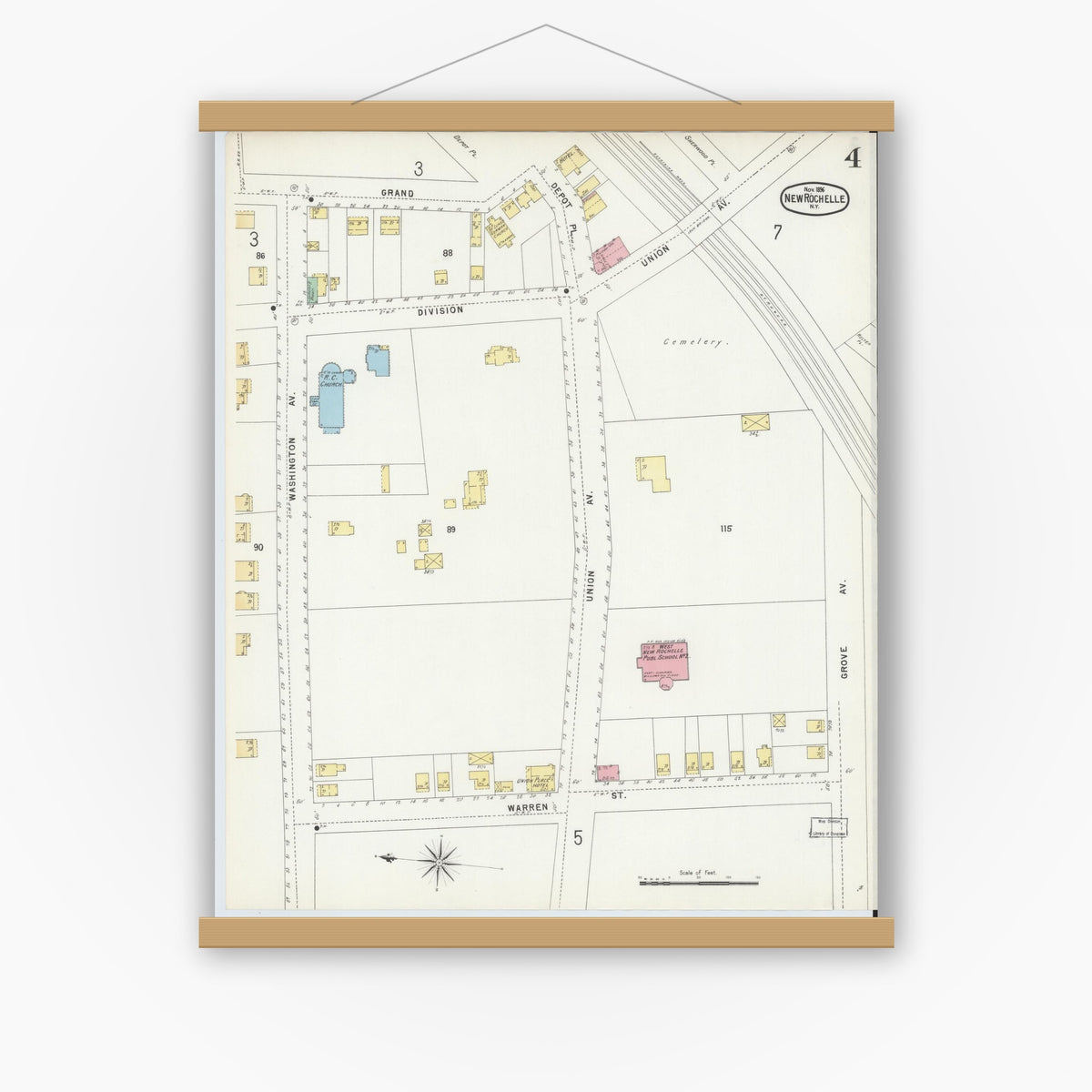 Old map wall art mockup — magnetic wood frame on white wall — Sanborn Fire Insurance Map from New Rochelle, Westchester County, New York (1896), Sheet #0004