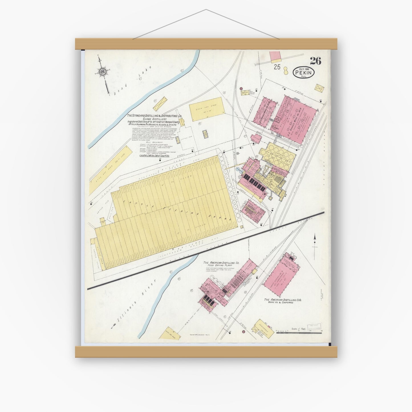 Old map wall art mockup — magnetic wood frame on white wall — Sanborn Fire Insurance Map from Pekin, Tazewell County, Illinois (1916), Sheet #0026