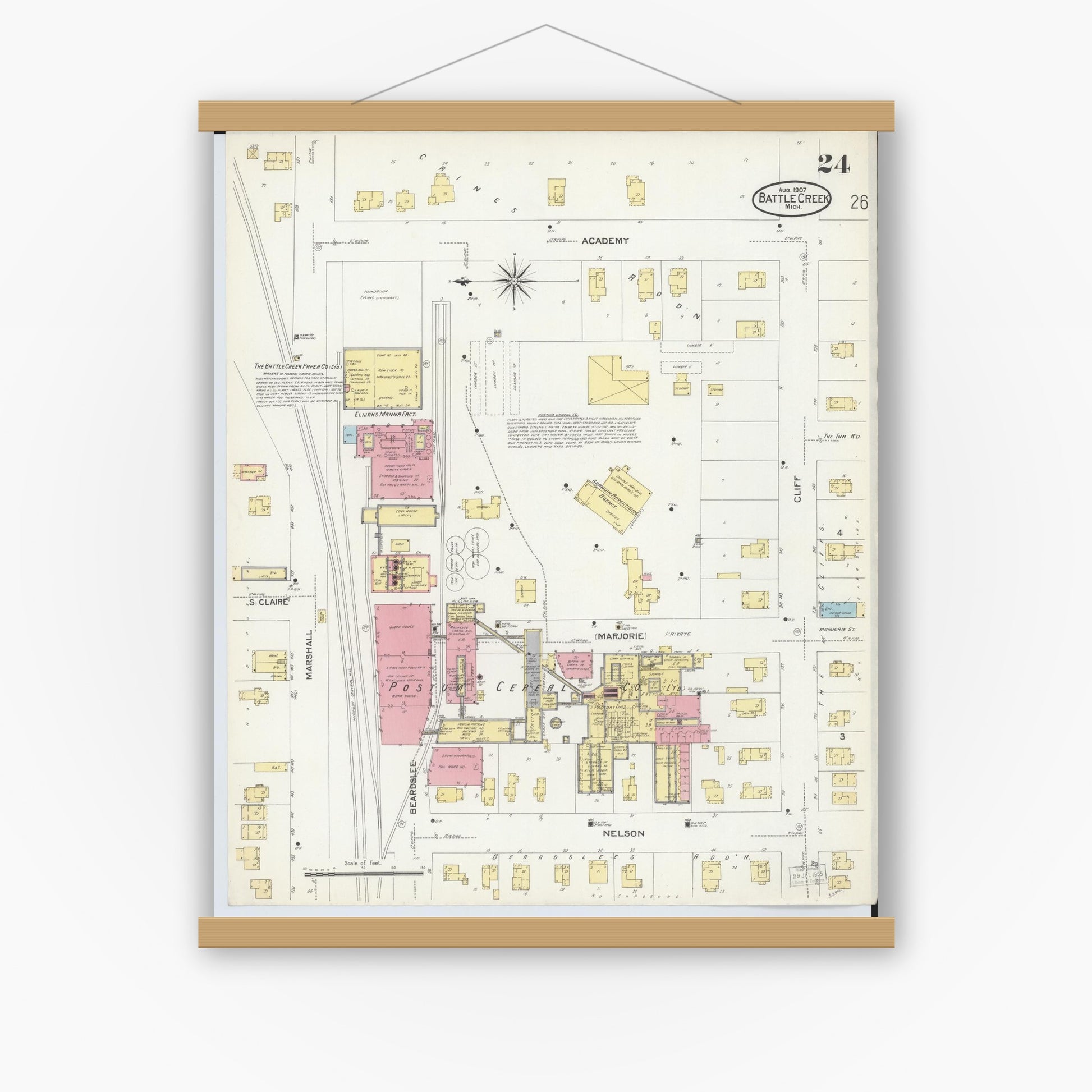 Old map wall art mockup — magnetic wood frame on white wall — Sanborn Fire Insurance Map from Battle Creek, Calhoun County, Michigan (1907), Sheet #0024