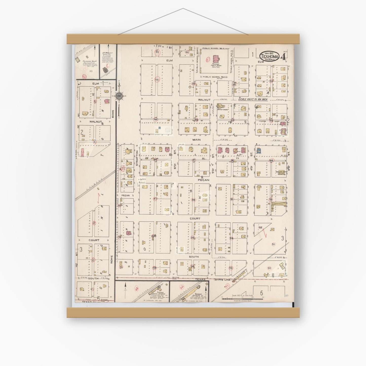 Old map wall art mockup — magnetic wood frame on white wall — Sanborn Fire Insurance Map from Texhoma, Texas County, Oklahoma and Sherman County, Texas, Texas (1930), Sheet #0004