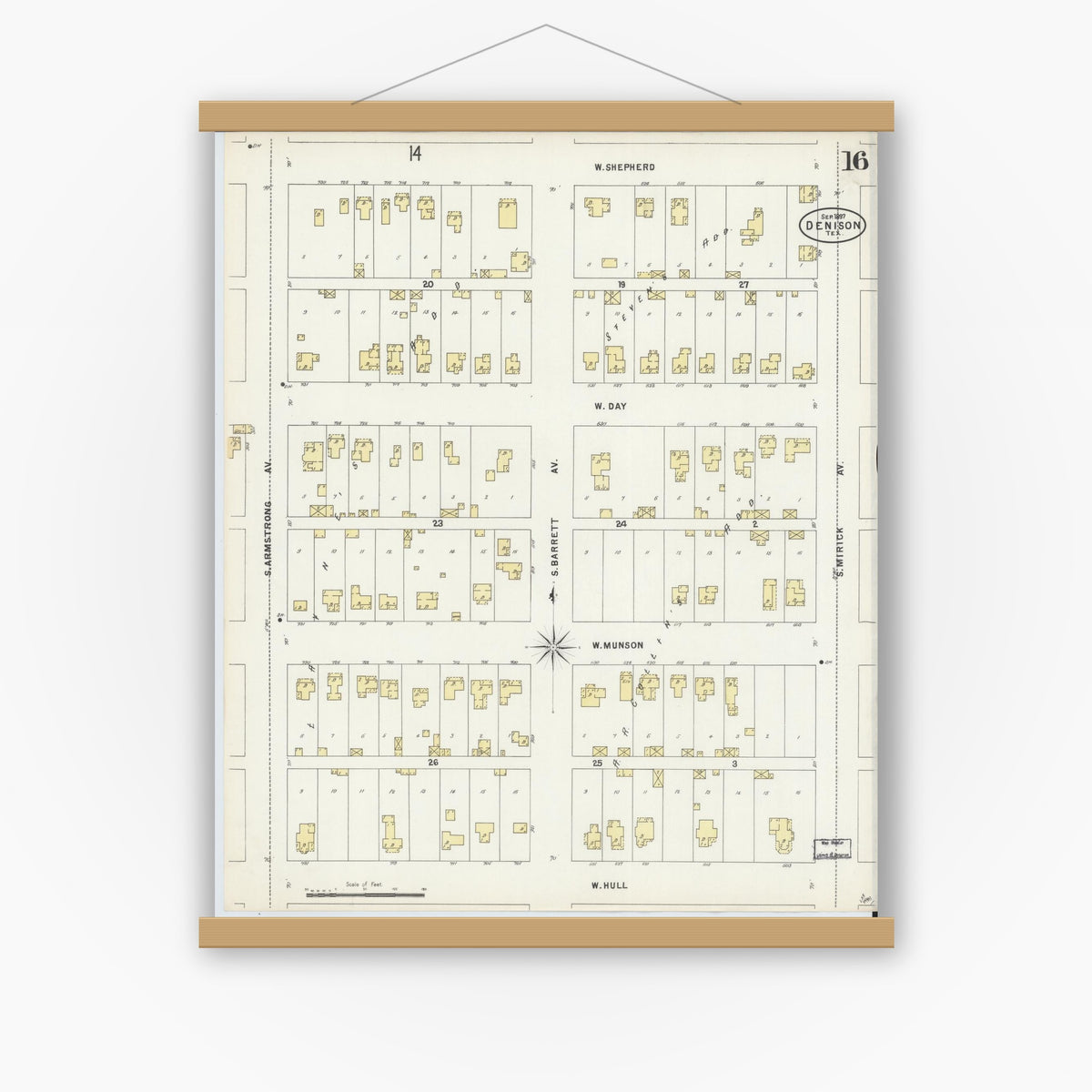 Old map wall art mockup — magnetic wood frame on white wall — Sanborn Fire Insurance Map from Denison, Grayson County, Texas (1897), Sheet #0016