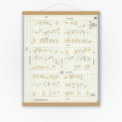 Old map wall art mockup — magnetic wood frame on white wall — Sanborn Fire Insurance Map from Denison, Grayson County, Texas (1897), Sheet #0016