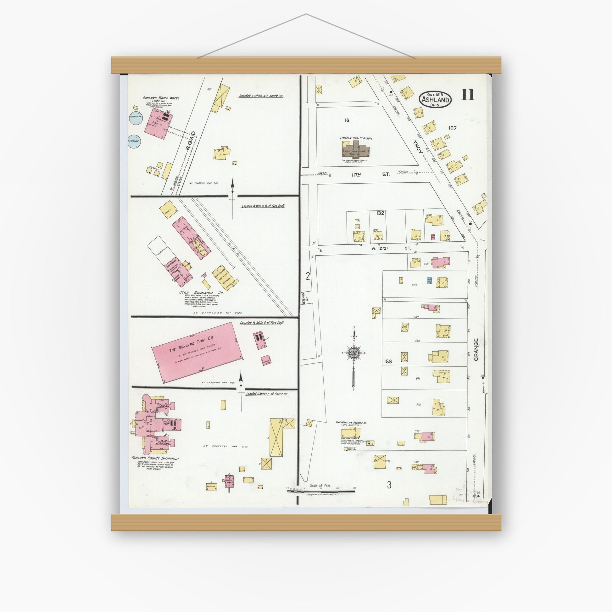 Old map wall art mockup — magnetic wood frame on white wall — Sanborn Fire Insurance Map from Ashland, Ashland County, Ohio (1919), Sheet #0011