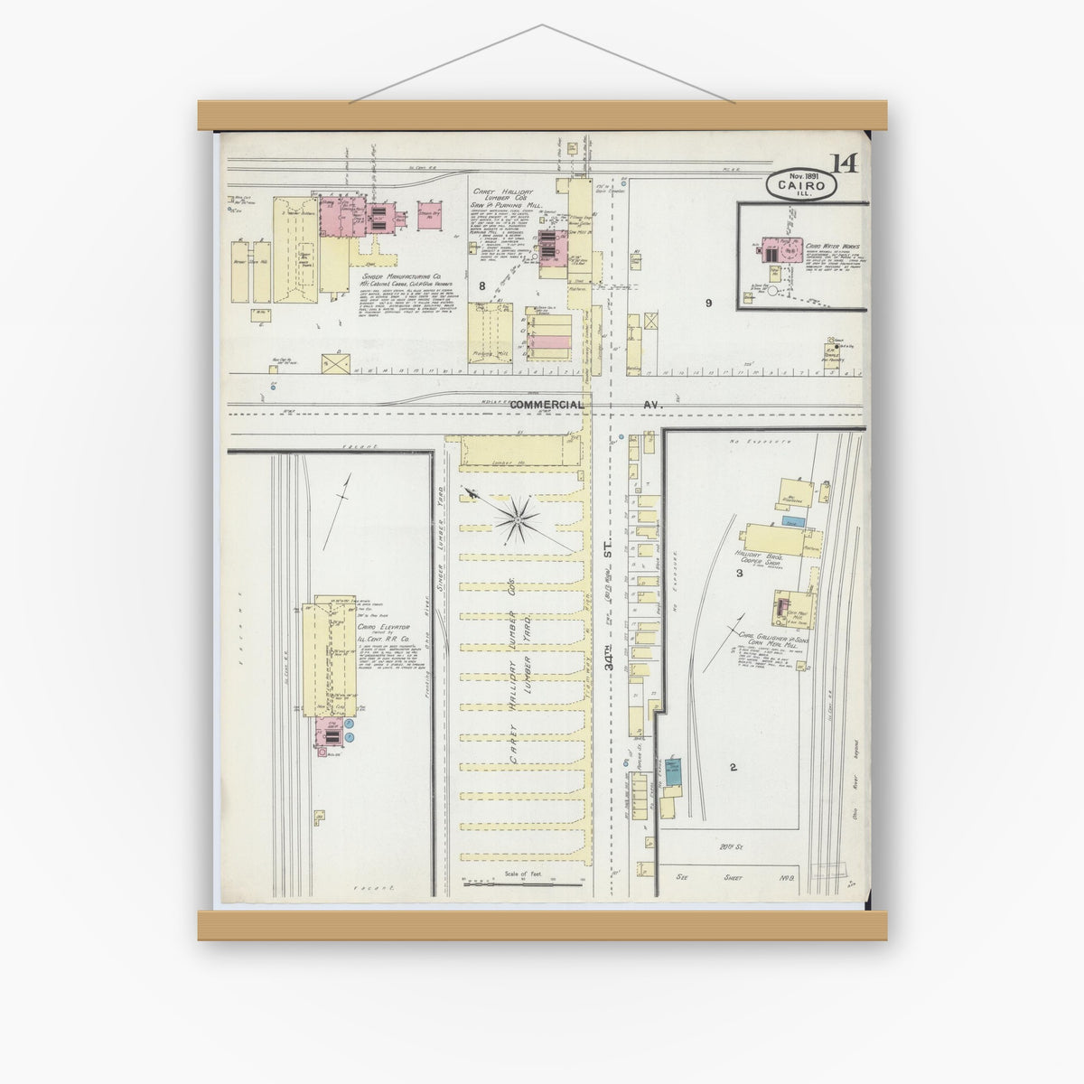 Old map wall art mockup — magnetic wood frame on white wall — Sanborn Fire Insurance Map from Cairo, Alexander County, Illinois (1891), Sheet #0014