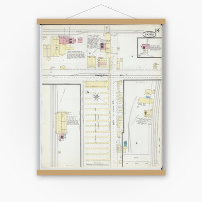 Old map wall art mockup — magnetic wood frame on white wall — Sanborn Fire Insurance Map from Cairo, Alexander County, Illinois (1891), Sheet #0014