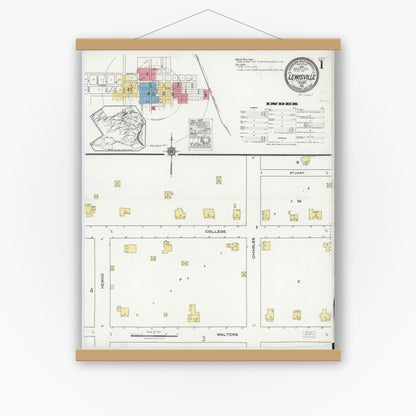 Old map wall art mockup — magnetic wood frame on white wall — Sanborn Fire Insurance Map from Lewisville, Denton County, Texas (1921) - Complete Map Set