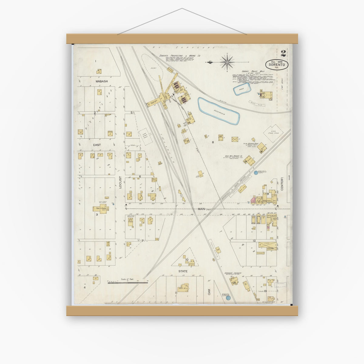 Old map wall art mockup — magnetic wood frame on white wall — Sanborn Fire Insurance Map from Sorento, Bond County, Illinois (1899), Sheet #0002
