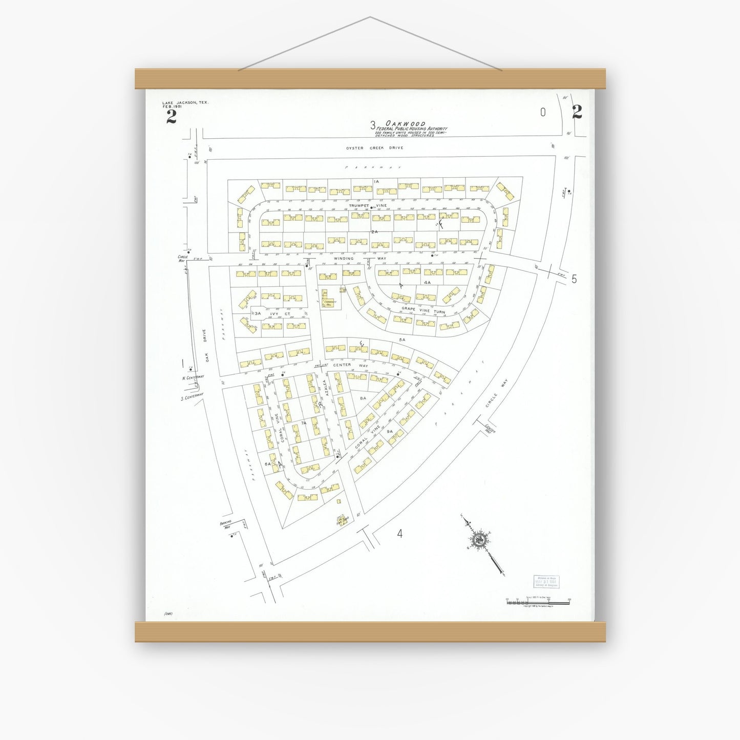 Old map wall art mockup — magnetic wood frame on white wall — Sanborn Fire Insurance Map from Lake Jackson, Brazoria County, Texas (1951), Sheet #0002
