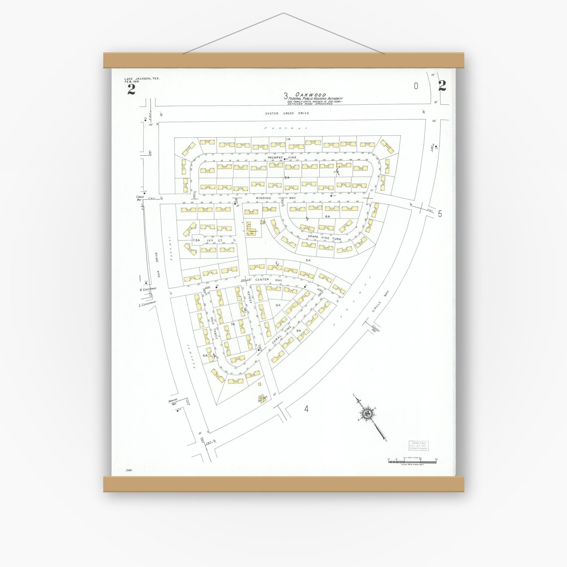 Old map wall art mockup — magnetic wood frame on white wall — Sanborn Fire Insurance Map from Lake Jackson, Brazoria County, Texas (1951), Sheet #0002