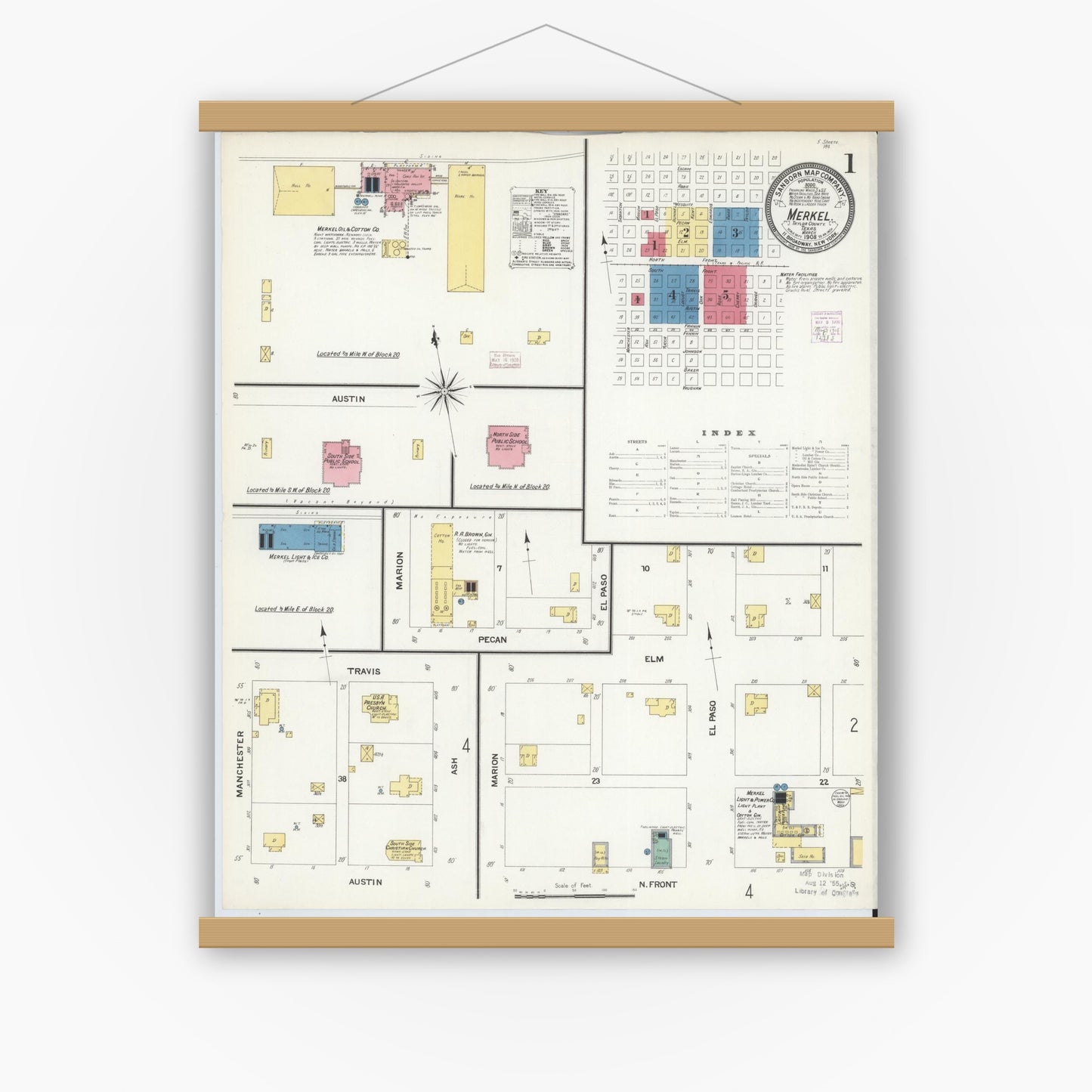 Old map wall art mockup — magnetic wood frame on white wall — Sanborn Fire Insurance Map from Merkel, Taylor County, Texas (1908), Sheet #0001