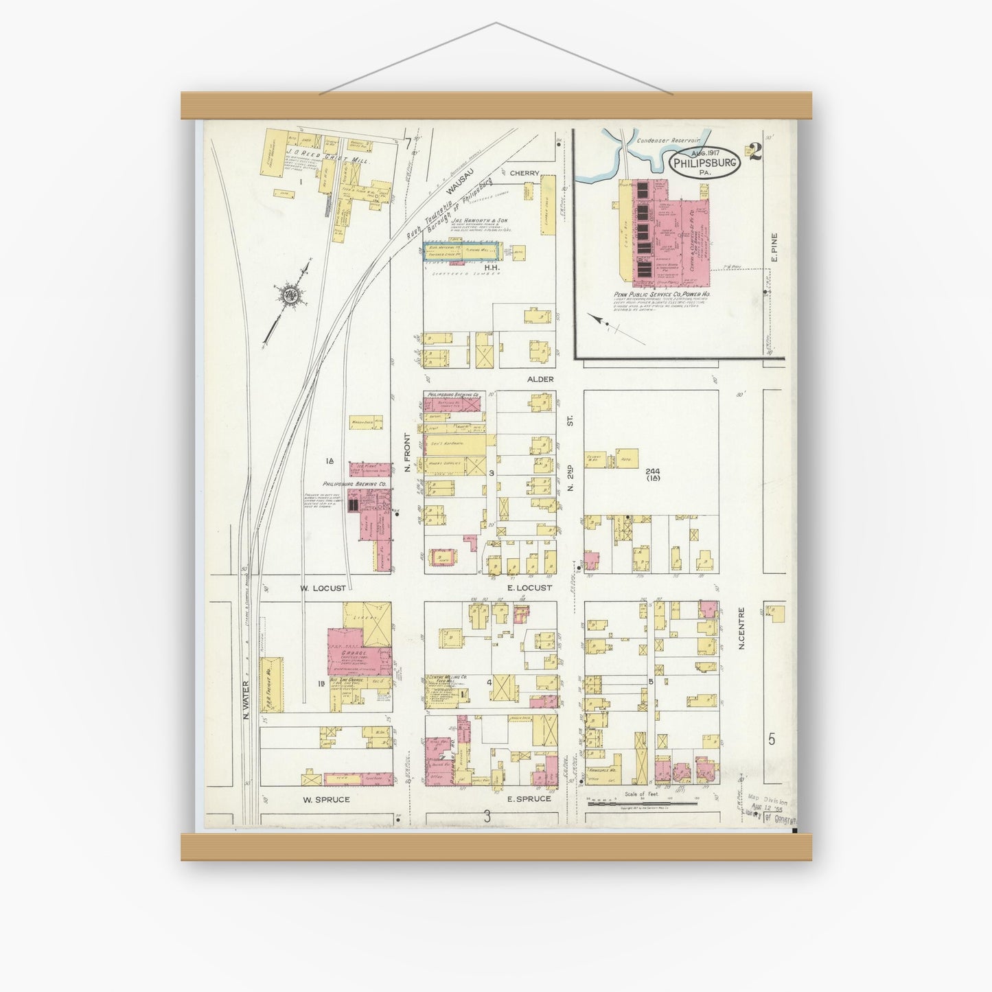 Old map wall art mockup — magnetic wood frame on white wall — Sanborn Fire Insurance Map from Philipsburg, Centre County, Pennsylvania (1917), Sheet #0002
