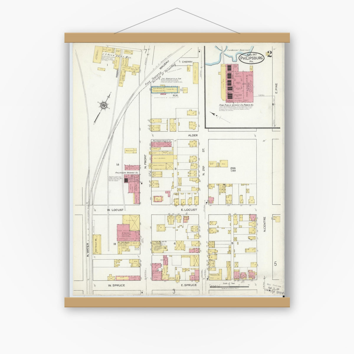 Old map wall art mockup — magnetic wood frame on white wall — Sanborn Fire Insurance Map from Philipsburg, Centre County, Pennsylvania (1917), Sheet #0002